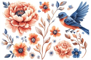 Orange flowers blue bird floral design