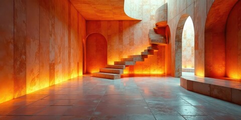 Naklejka premium Illuminated Interior with a Curving Staircase and Archways, Warm-toned Walls, and Polished Floor