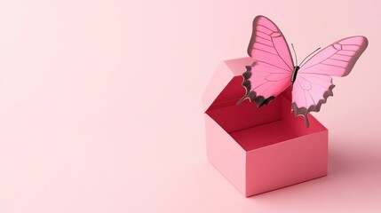 Pink butterfly emerging from an open pink box