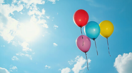 Colorful Balloons Floating in a Bright Blue Sky with Clouds and Sunlight in the Background