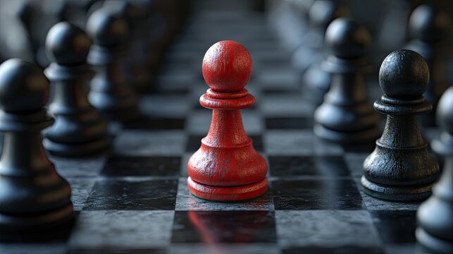 Red pawn stands out among surrounding chess pieces, game night idea, strategic thinking, and competitive edge, 3D render.