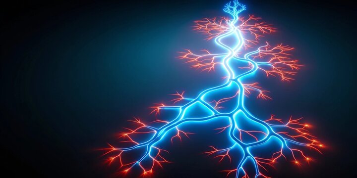 Abstract glowing fractal branching structure, vibrant blue and red energy flow, complex network system illustration