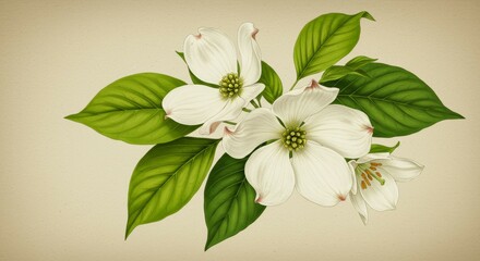 Blooming White Dogwood Flowers with Green Leaves Artwork