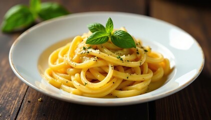Elegant pasta dish, creamy sauce, fresh herbs, rigatoni, food photography, spaghetti
