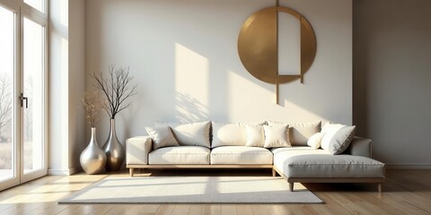 Serene Living Room Decor Modern Sectional Sofa with Minimalist Wall Art and Elegant Vases