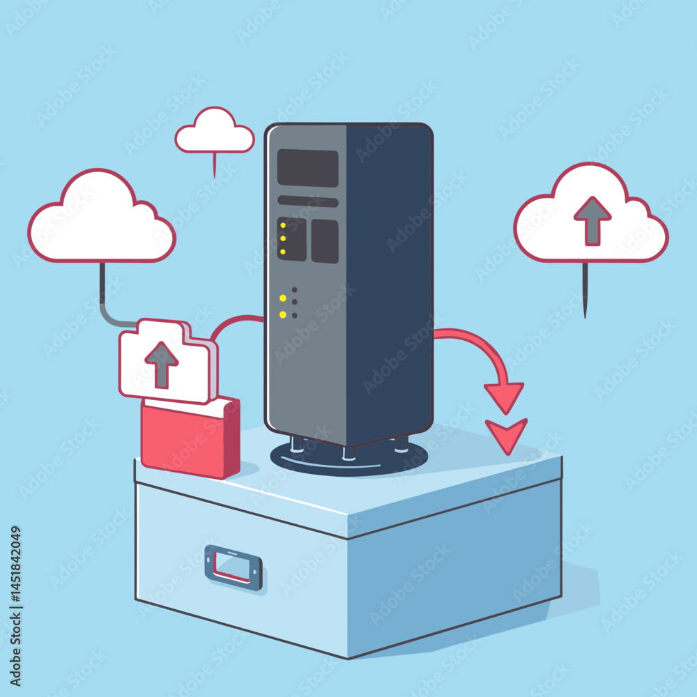 Poster digital data server: an illustrative image depicts a server, transferring data, uploading and downlo
