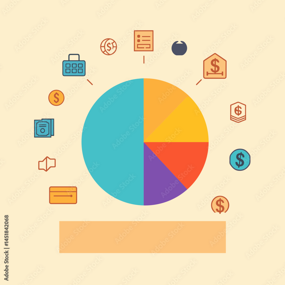 Poster financial infographic: a vibrant pie chart with diverse segments representing different financial as