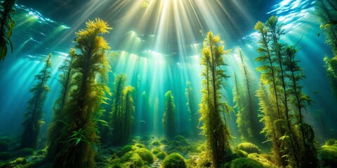 Obraz premium Submerged Aquatic Forest Illuminated by Sunbeams An Underwater Scene of Serene Beauty and Natural Wonder