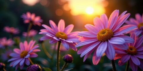 Fototapeta premium Golden Hour Meadow Delicate Pink Daisies Basking in the Warm Sunset Glow