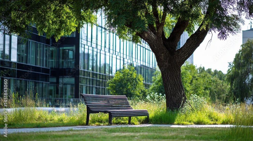 Poster soft focus on an empty bench under a tree in urban setting