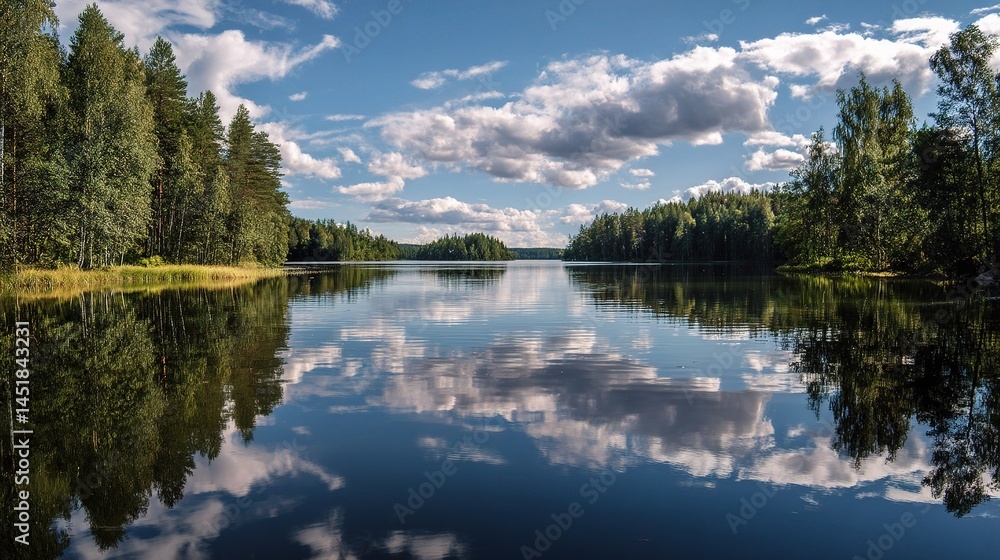 Poster serene reflection of cloudy sky on calm lake surrounded by trees