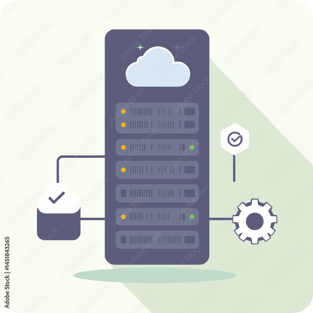 Poster digital infrastructure: a stylized graphic depicts server infrastructure with cloud, check marks, an