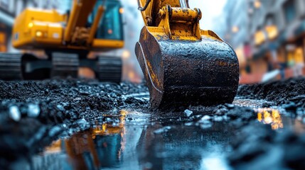 Excavator bucket digging in wet asphalt street