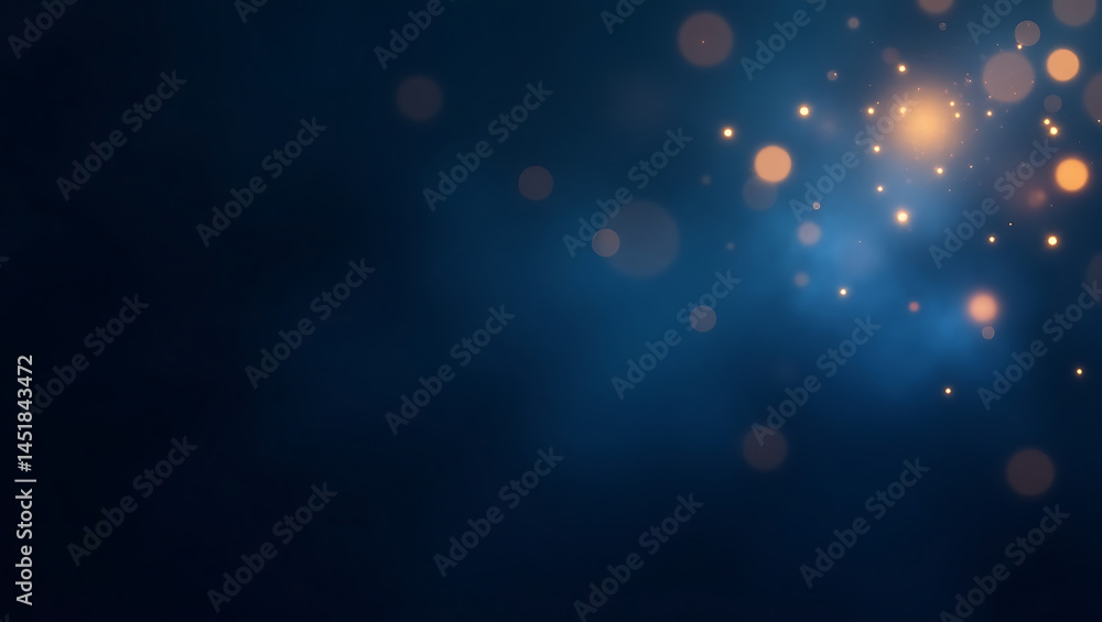 Poster abstract dark blue background with soft golden light specks and realistic bokeh for a refined and at