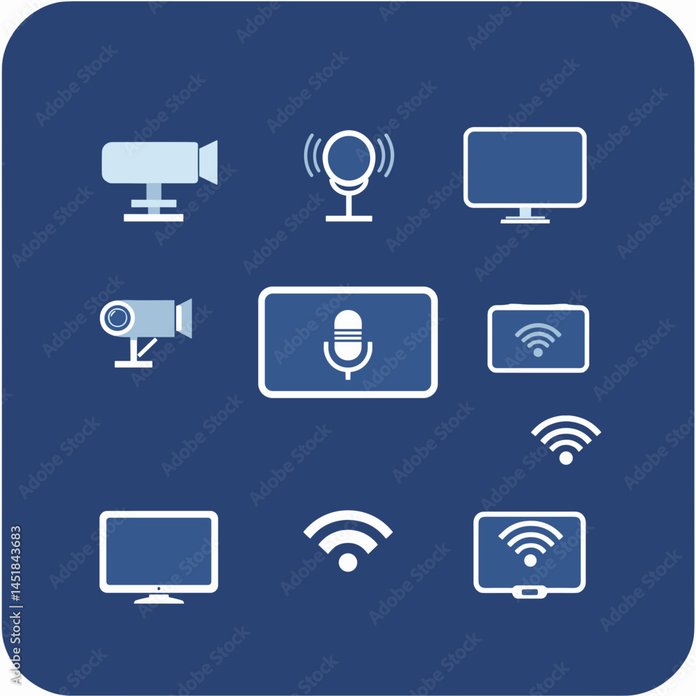 Poster tech icon set: a collection of sleek, minimalist icons representing key elements of modern technolog