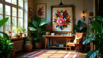 Sunlit Interior Design Featuring Vibrant Floral Artwork and Lush Greenery in a Relaxing Room Setting