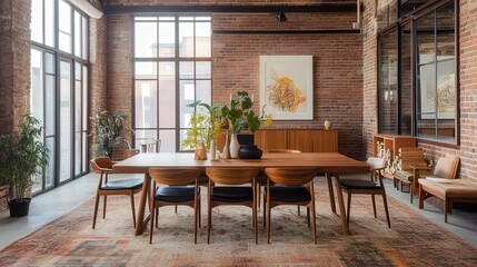 Obraz premium Large wooden tables complement the earthy tones of exposed brick walls, enhanced by the timeless elegance of mid-century modern furniture.