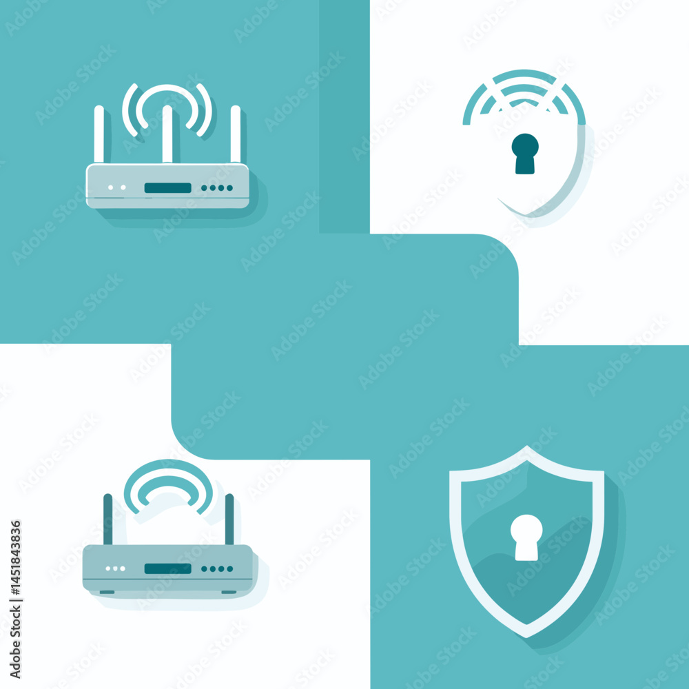 Poster secure network signals: depicting network routers and shields with keyhole designs, it shows a flat 