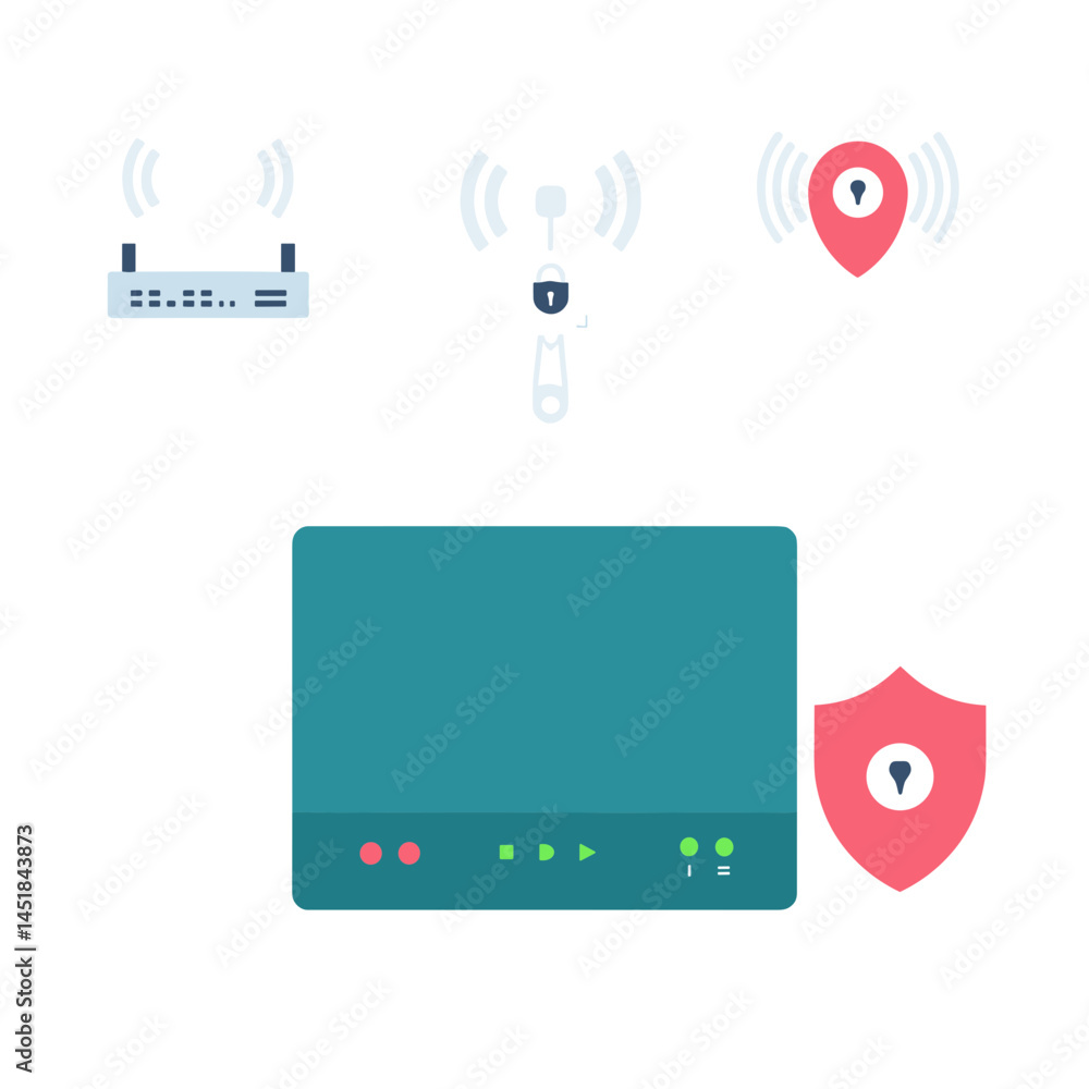 Poster secure network: a conceptual illustration depicting a secure network environment with routers, a pad