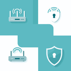Secure Network Signals: Depicting network routers and shields with keyhole designs, it shows a flat illustration for digital network security.