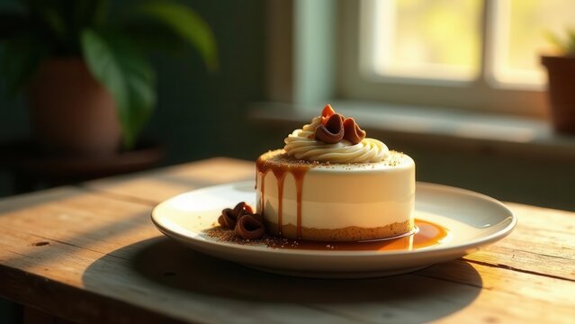 A delectable mini cheesecake, adorned with caramel drizzle and delicate toppings, sits on a rustic wooden table, bathed in warm sunlight streaming through a nearby window.