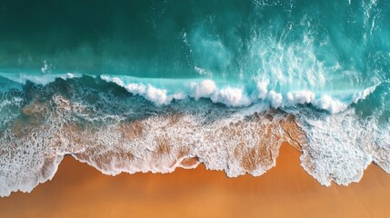 Fototapeta premium Top Down Drone Shot of Ocean Waves Crashing on Golden Sand