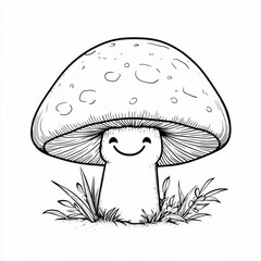 Cute Mushroom Illustration Smiles Happily Among Grass in Black and White Style