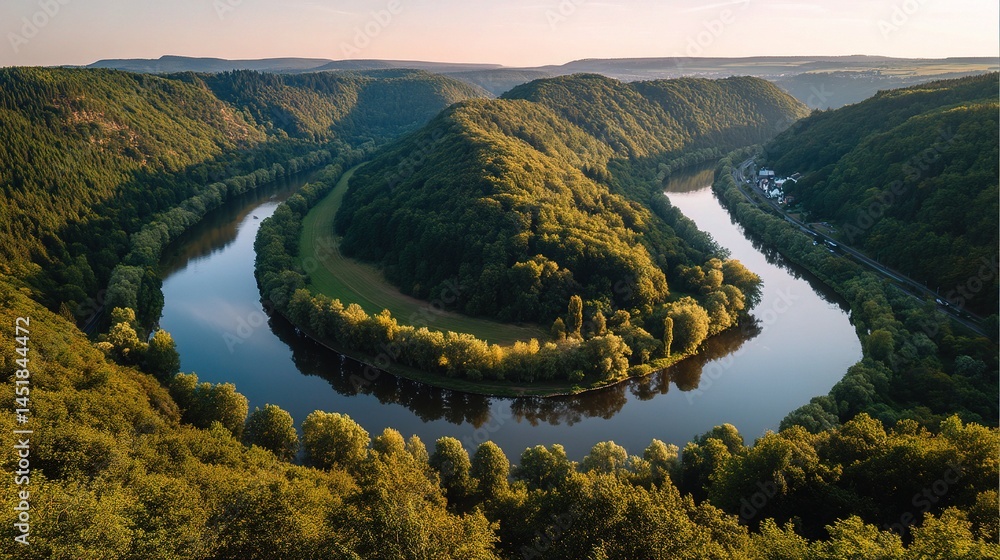 Poster scenic view of saar loop at golden hour surrounded by lush trees