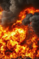 A dramatic scene of an intense fire engulfing an area, with vibrant orange flames and thick black smoke billowing into the sky, creating a chaotic backdrop