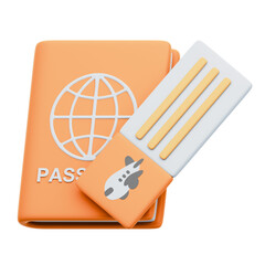 Cartoon Passport & Airplane Ticket 3D Rendering Icon Isolated Transparent Background