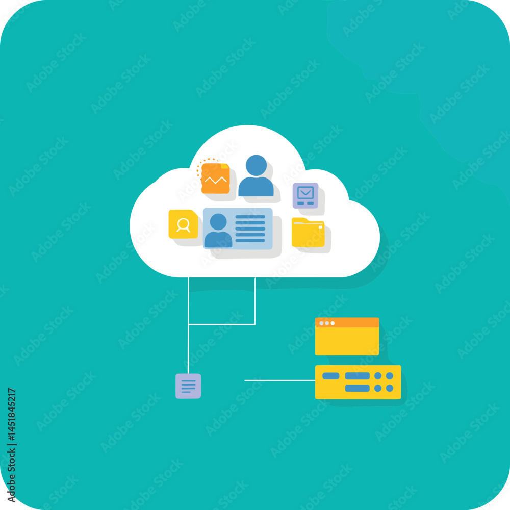 Poster cloud computing connection: a stylized illustration of a cloud connected to various digital elements