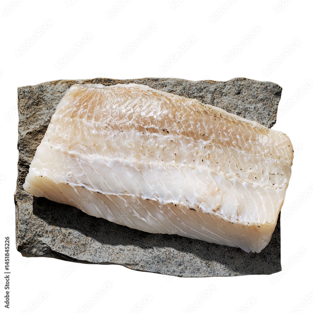 Poster fresh hake fish fillet displayed on a textured surface, showcasing its natural colors and texture ag