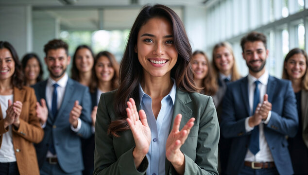 Indian HR leader with supportive team applauding new joiners in welcoming gesture during onboarding at modern inclusive corporate office