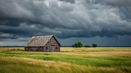 Obraz premium Rustic barn stands against looming storm clouds
