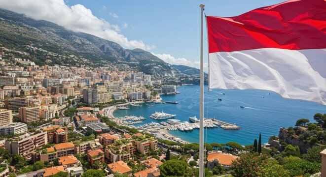 Waving Monegasque Flag Symbolizing Glamour and Heritage Against the Azure Mediterranean Sea Coastline