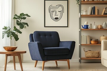Navy blue armchair in a living room with a minimalist aesthetic.  Modern, comfortable, and stylish, paired with a framed abstract art piece, a plant, and wooden accents