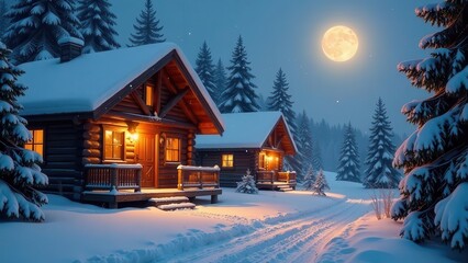 Fototapeta premium Winter Wonderland Cozy Cabin Retreat Under a Full Moon's Glow in a Snow-Covered Forest
