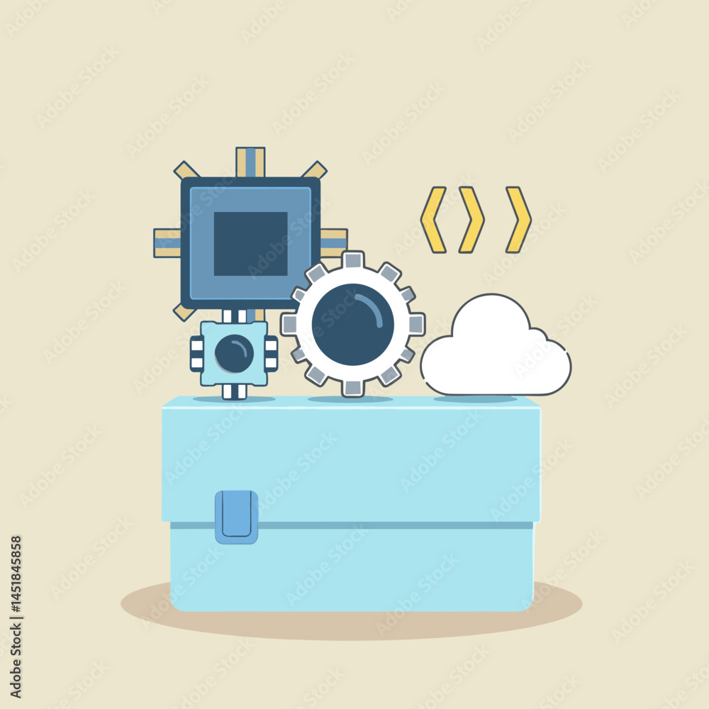 Poster technology toolbox: a modern illustration showcases a toolbox brimming with essential technology com
