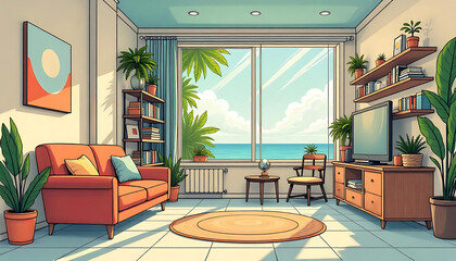 A bright and airy living room, with ocean views and a cozy atmosphere, inviting relaxation.