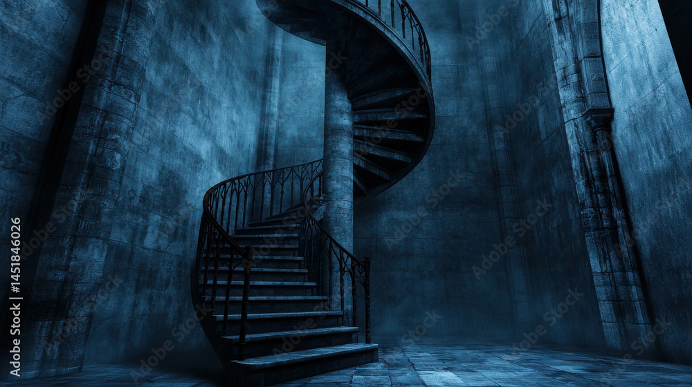 Poster mysterious spiral staircase in an abandoned gothic style architecture with dark atmosphere