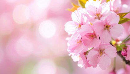 Fototapeta premium Pink Cherry Blossom Blooms: A delicate cluster of pink cherry blossoms bursts forth against a soft, blurred background, a vibrant symbol of spring's arrival.