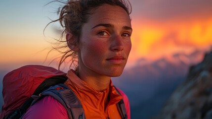 Triumphant female athlete on rocky summit at sunset