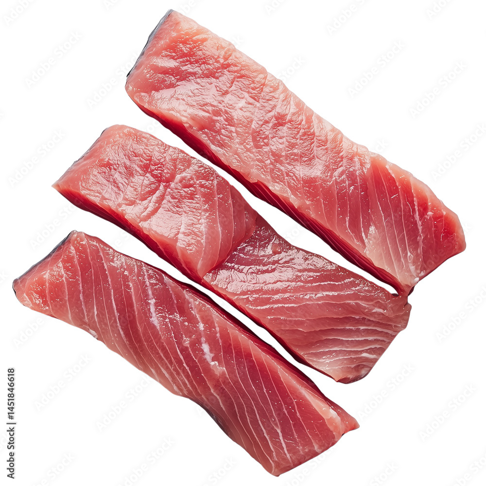 Poster three pieces of fresh red meat arranged neatly showcasing their marbled texture and appealing color.