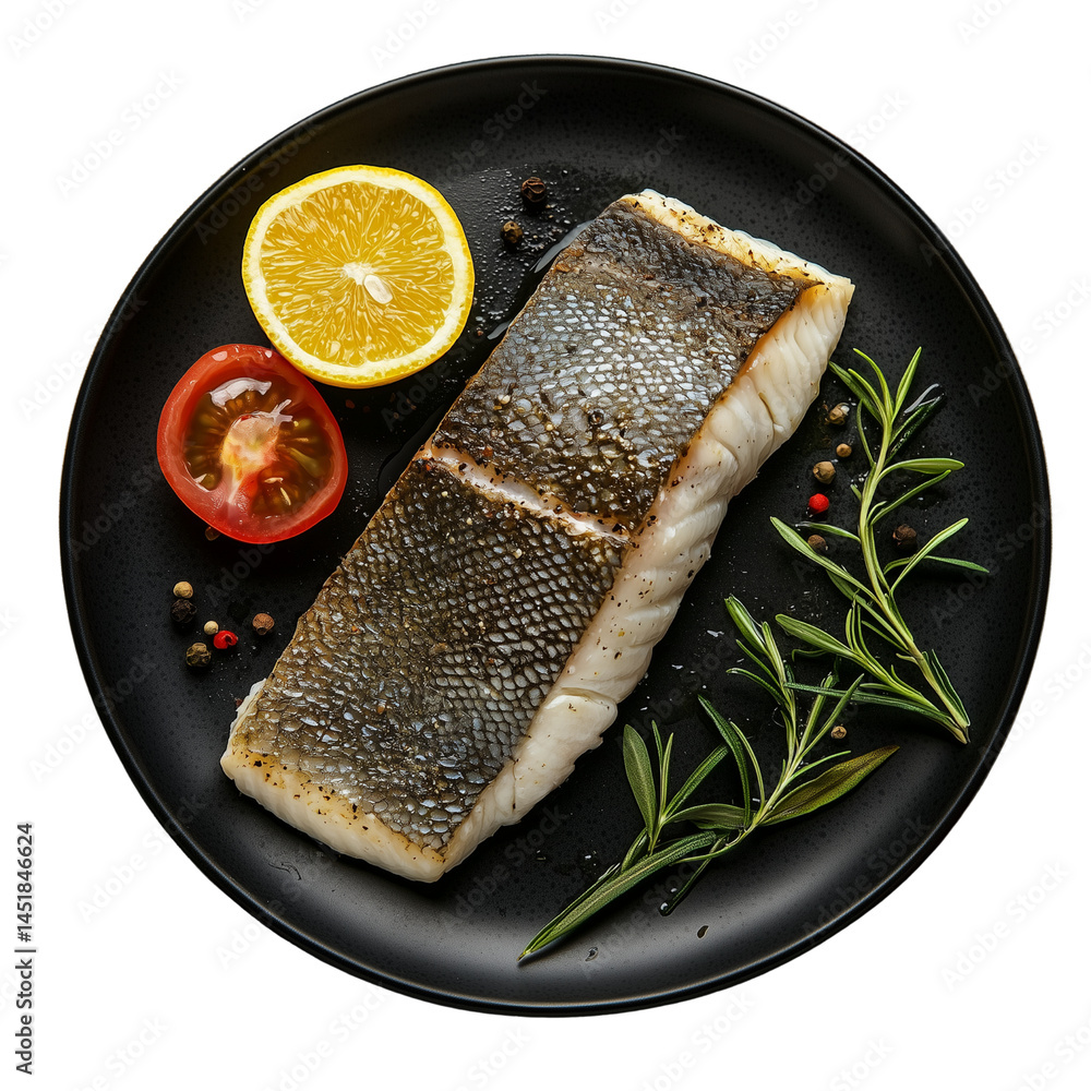 Poster a close-up view of a fish fillet, showcasing its smooth texture and natural colors isolated on white