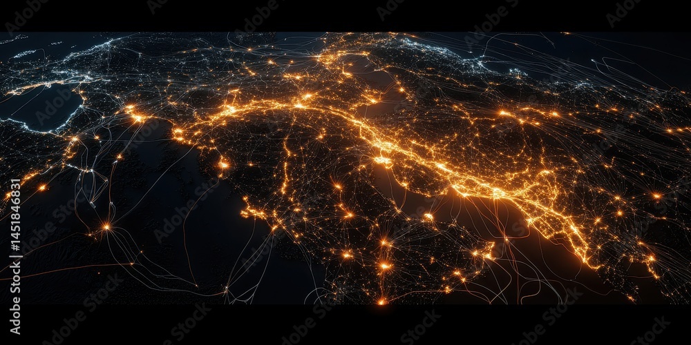 Poster Dramatic Aerial View of City Lights at Night on a Dark Globe Illuminating Earth's Surface with Orange Glows and Intricate Patterns in a Vast Dark Space