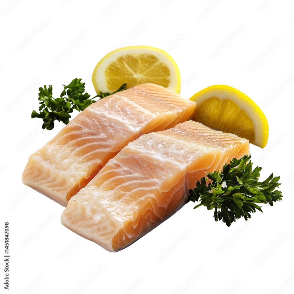 Poster fresh fish fillets garnished with lemon slices and herbs showcasing a vibrant and appetizing present