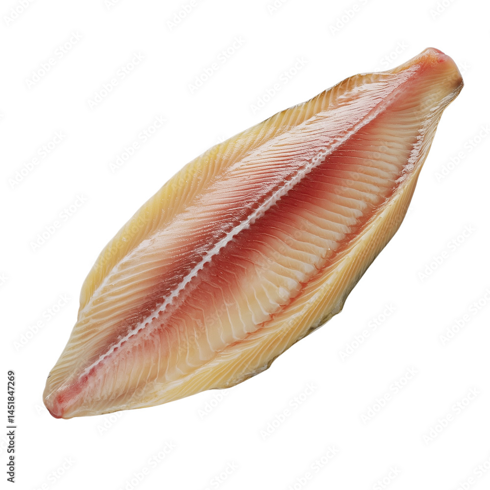 Poster a close-up view of a fish fillet, showcasing its smooth texture and natural colors isolated on white