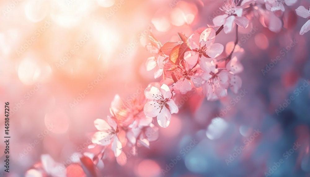 Poster dreamy pink and white blossoms on branches in a soft focus with bokeh background under bright sunlig
