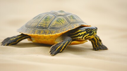 Obraz premium Striped Turtle Crawling on Sandy Beach