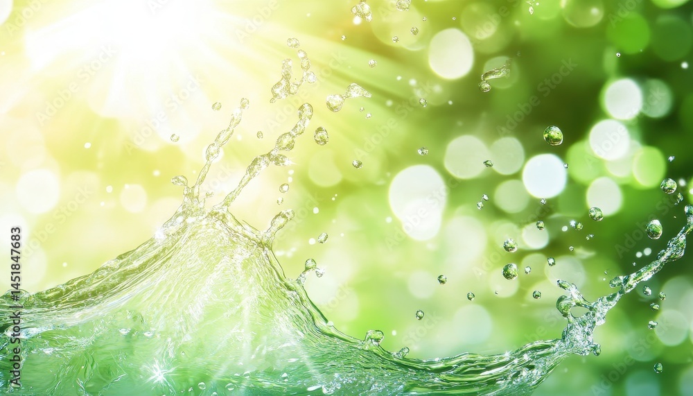 Poster Dynamic Water Splash on Green Bokeh Background in Sunny Daylight with Vibrant Liquid Motion and Refreshing Purity for Natural and Healthy Environment